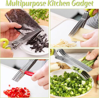 5-Blade Stainless Steel Herb Shears Herb Cutter with Cover - Fast Kitchen Chopper For Fresh Herbs Seasonings，Green+Blue