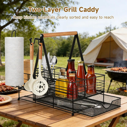 1 Pack Large Grill Caddy, BBQ Tool Organizer with Paper Towel Holder, Powder-Coated Steel Caddy Organizer, Rust-Resistant, 3 Side Hooks, Adjustable Dividers, Camping, RV, Black