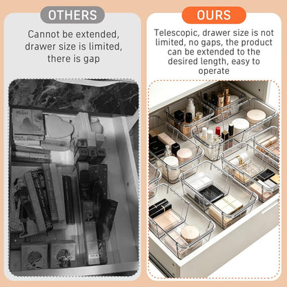 15-Piece Expandable Drawer Organizer Set, Clear 2-Size Bins | 15-piece set, clear expandable bins, 2 sizes, for makeup, vanity, desk and kitchen drawers