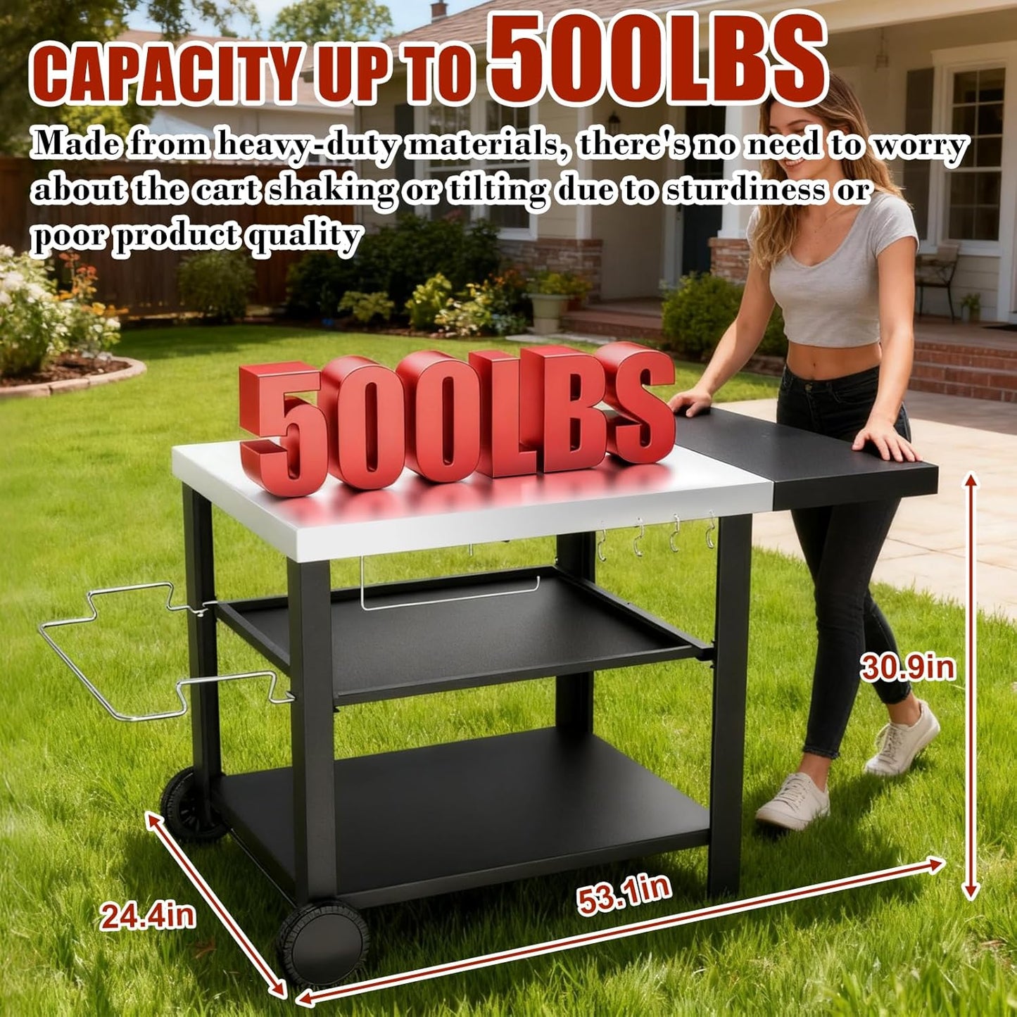 Upgraded Pizza Oven Cart Table for Ooni Koda/Karu/Fyra 16 & 12, Movable Thicken & Widen Rolling Kitchen Cart, Outdoor Grill Stand for Ninja Woodfire,Blackstone Griddle,Barbecue Tool Set