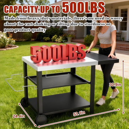 Upgraded Pizza Oven Cart Table for Ooni Koda/Karu/Fyra 16 & 12, Movable Thicken & Widen Rolling Kitchen Cart, Outdoor Grill Stand for Ninja Woodfire,Blackstone Griddle,Barbecue Tool Set