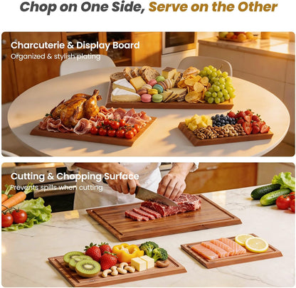 Bamboo Cutting Board Set with Stand, 3PCS Double-Sided Chopping Boards for Kitchen Meal Prep & Serving, Charcuterie, Juice Grooves & Side Handle, Ideal for Meat, Vegetables, Kitchen Essentials, Brown