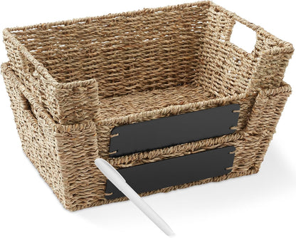 Casafield Set of 2 Water Hyacinth Pantry Baskets with Handles, Chalkboard Labels, and Marker - Espresso, Wide Woven Storage Bin Organizers for Kitchen Shelves