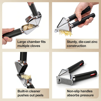 3WAVES Heavy-Duty Garlic Press, Built-In Cleaner, Ergonomic SoftGrip Handle