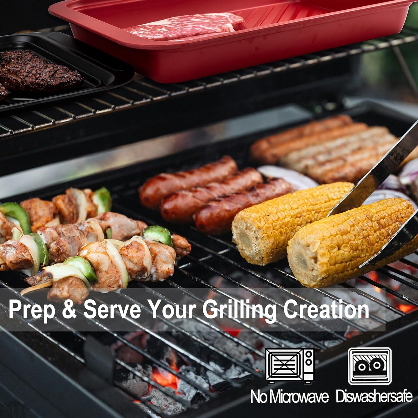 KAQAHIDO Grilling Prep and Serve Trays, BBQ Platter for Raw Meat Marinating and Finished Cooked Food, Melamine Serving Tray, Set of 2, Cleaning Pack Included