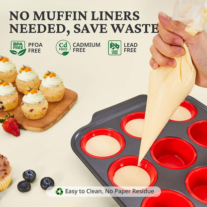 BRONYPRO Silicone Muffin Pans for Baking with Metal Frame, Egg Bite Molds, Cupcake Pans 12 Regular Size, Muffin Tins Easy to Pop Nonstick Non Toxic Bakeware for Oven,Blue