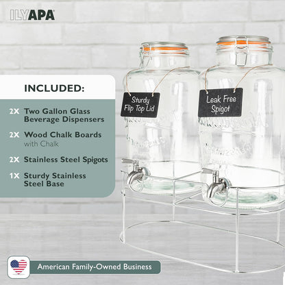 Ilyapa 2 Gallon Glass Beverage Dispenser, Metal Base, Stainless Steel Spigot & Hanging Chalkboard - for Lemonade, Tea, Cold Water & More