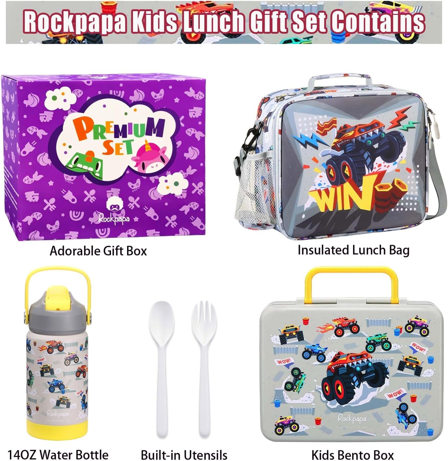 rockpapa Kids Lunch Box Set with 14oz Insulated Water Bottle & Lunch Bag, Leakproof 5.5 Cups Bento Box for School & Children, BPA-Free, Microwave Safe for Boys Girls (Grey Constr Turcks)