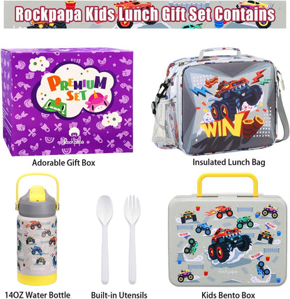 rockpapa Kids Lunch Box Set with 14oz Insulated Water Bottle & Lunch Bag, Leakproof 5.5 Cups Bento Box for School & Children, BPA-Free, Microwave Safe for Boys Girls (Grey Constr Turcks)