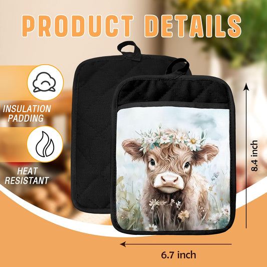 Floral Highland Cow Pot Holders with Pockets, Cow Lovers Gifts for Women Oven Pot Holders Heat Resistant Oven Mitts Hot Pads for Kitchen Baking Cooking
