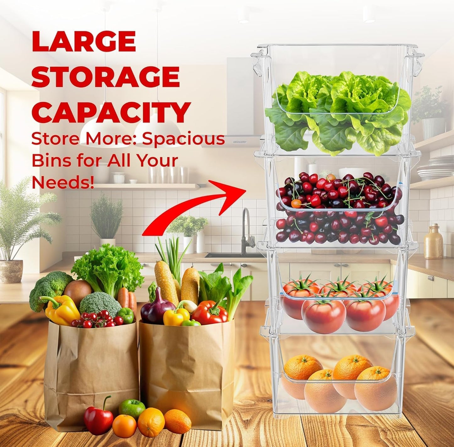 Stackable Storage Bins Open Front with Side Handles, 4 Pack - Clear | Sturdy Plastic, Easy Stacking Bins for Pantry, Closet, Kids Room & Art Studio Organization