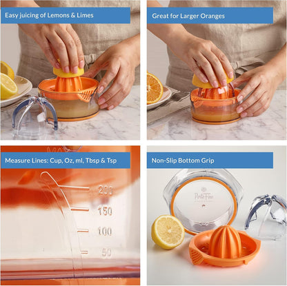 PortoFino Citrus Juicer, Lemon Squeezer, Orange Juicer, Manual Hand Juicer with Built-in Measuring Cup and Strainer, Space Saving Design, Pulp Control, Dishwasher Safe, 8oz