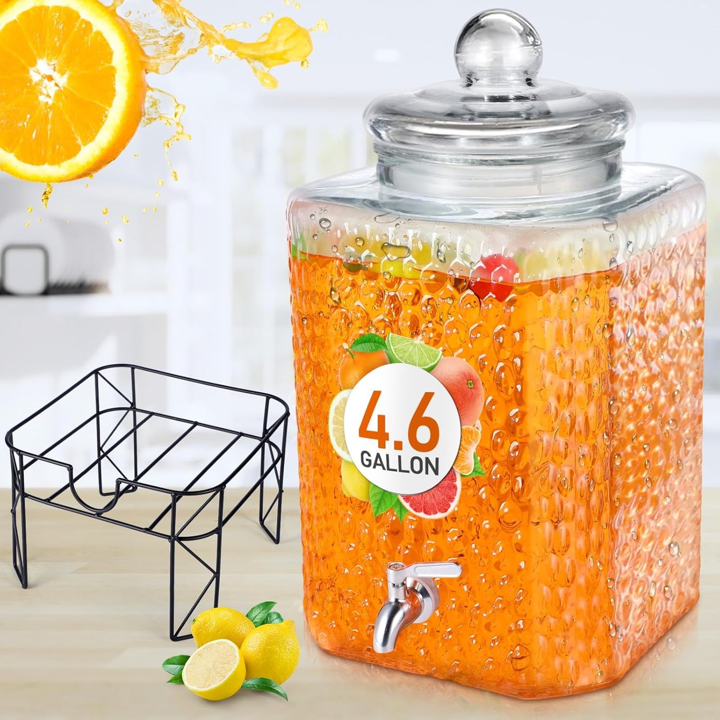 Honeydak 1.5 Gallon Glass Beverage Dispenser with Stand Stainless Steel Spigot Glass Lid Clear Iced Juice Container Leakproof Drink Dispenser Countertop Lemonade Water Jar for Wedding Party (3 Pack)