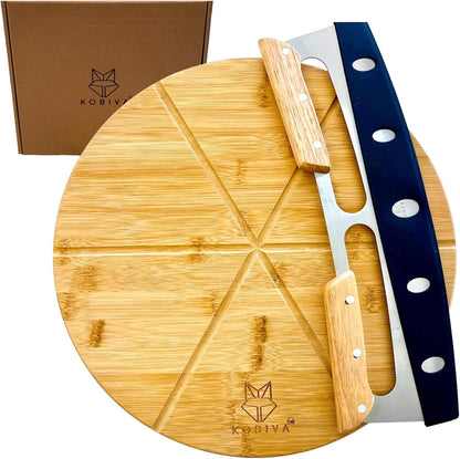 Pizza Cutting Board & Pizza Cutter, 14" Pizza Board | Gift Pizza Set, Best Pizza Cutter Rocker Blade, Bamboo Pizza Cutting Board, Pizza Slicer, Pizza Serving Board,Pizza Rocker Knife For Cutting Pizza