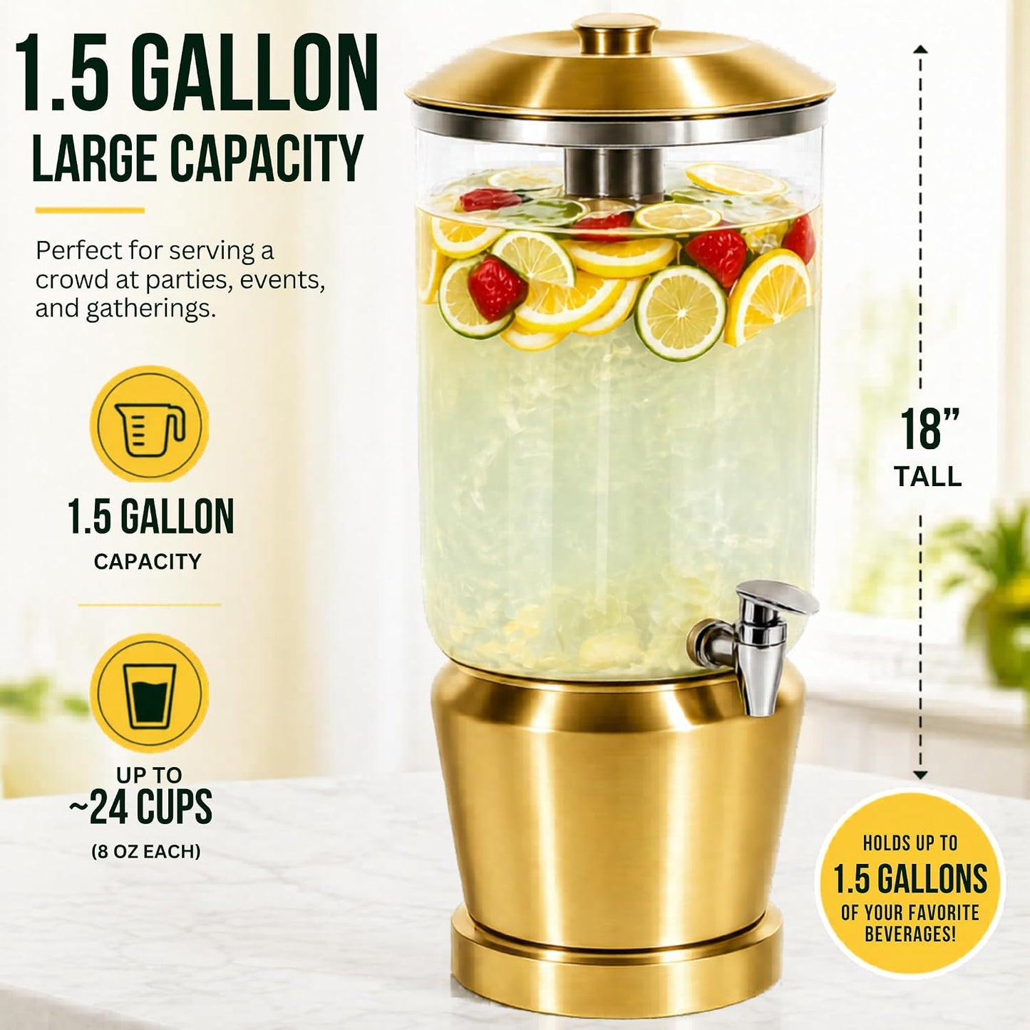 Drink Dispenser with Ice Chambers, Lemonade Tea Water Dispenser with Spigot, Stainless Steel Beverage Jar Jug, Perfect for Home Parties, Weddings, Gifts & Events (Gold, 3, Gallons)