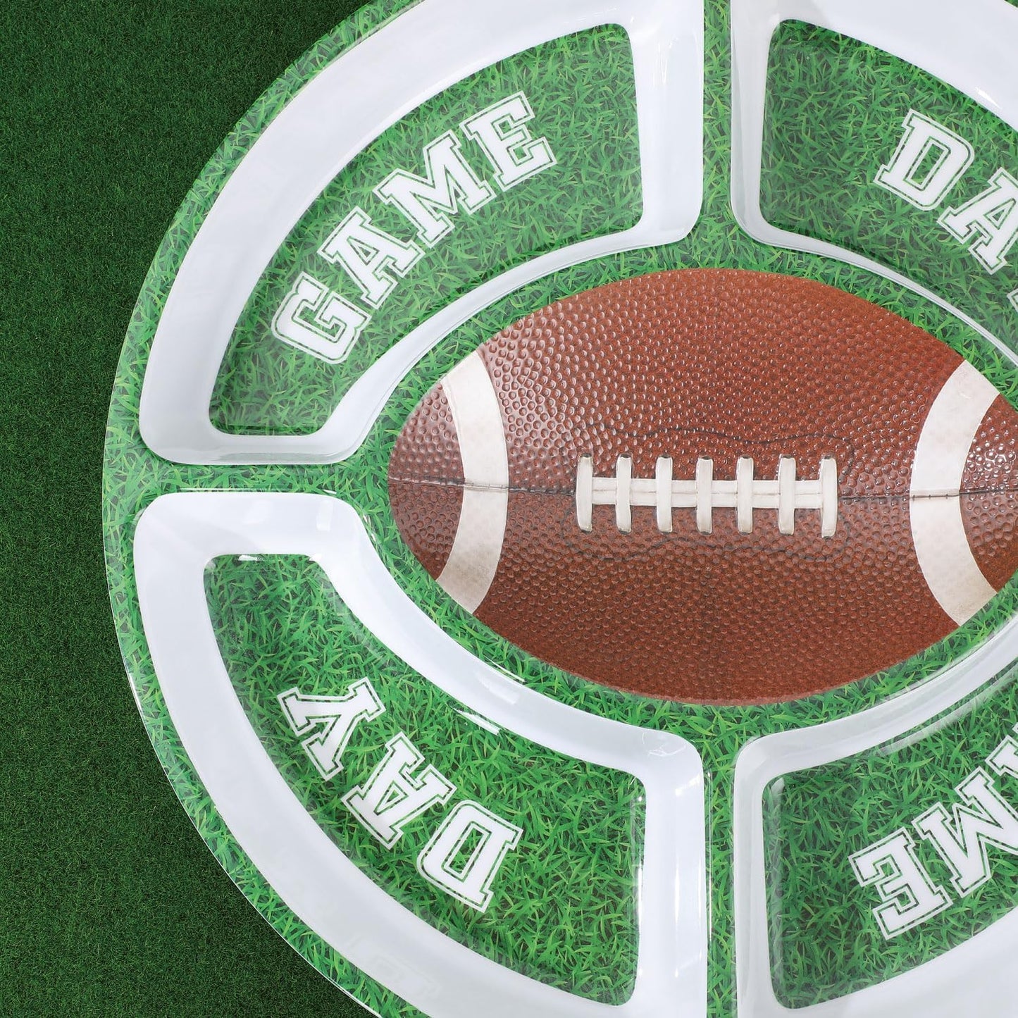 UP Football-Themed Melamine 5-Section Snack Platter, Round Divided Game Day Serving Tray with Green Field Design, for Chips and Dip, Sweets, and Appetizers, 15 Inch