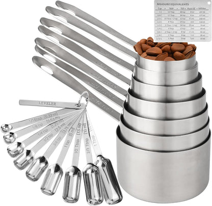 Measuring Cups and Spoons Set of 12, Stainless Steel Stackable Measuring Cups and Spoons Set With Leveler, Metal Measuring Spoons and Cups for Dry or Liquid Ingredients During Kitchen & Baking
