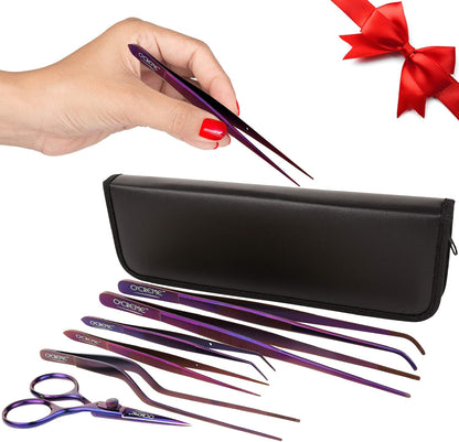 O'Creme Set of Culinary Tweezer Tongs Offset, Straight and Curved, Plus Super Sharp Chef Scissors, Total 6 Pieces (Rose Gold)