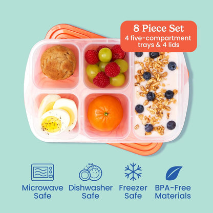 Bentgo Easyboxes - Reusable 5-Compartment Food Containers, Stackable 8-Piece Set, 4 Trays & 4 Lids, BPA-Free Food Storage for Meal Prep, School, & Work; Lunch Boxes with Patented Design (Classic)