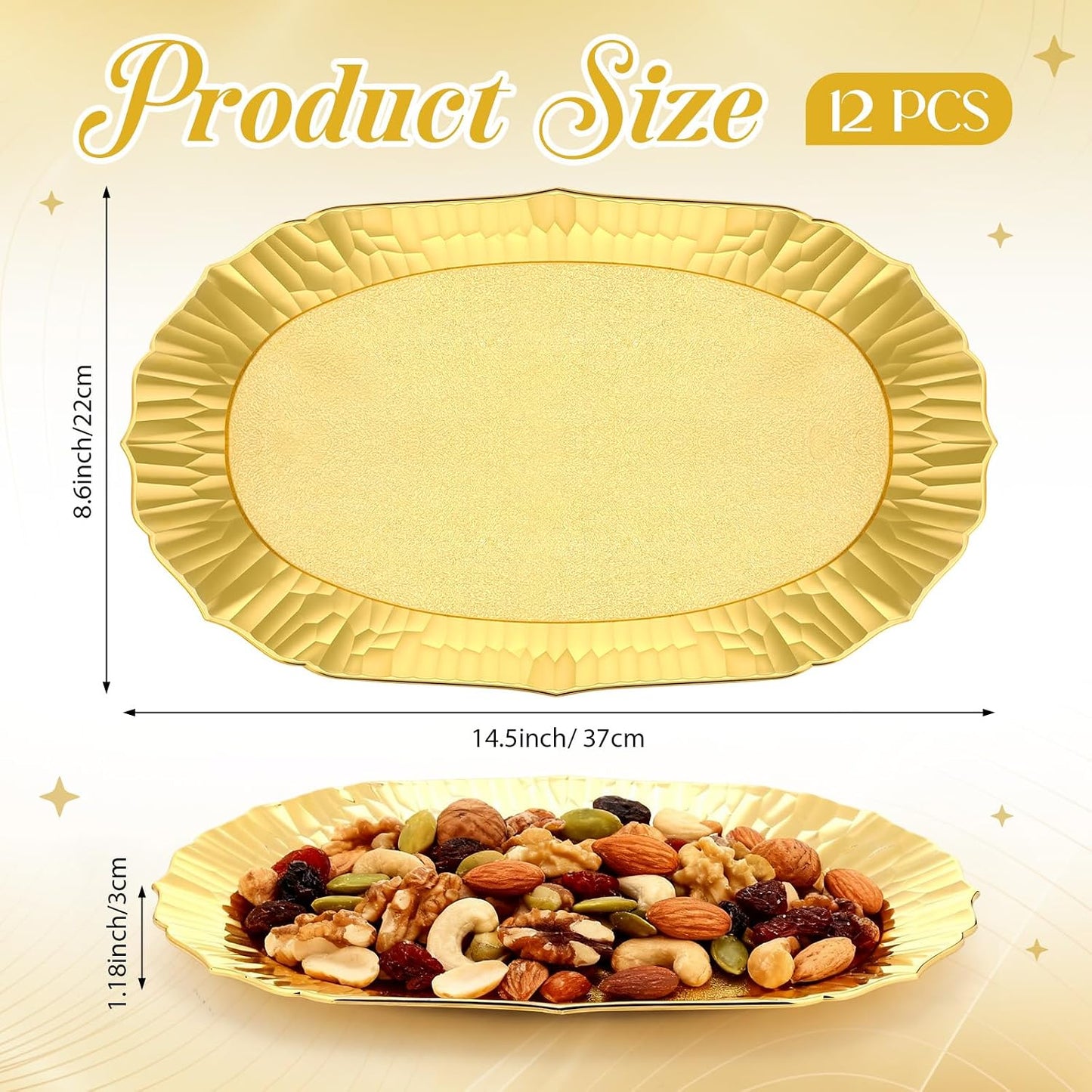12 Pcs Gold Plastic Serving Tray Bulk, 14.5" x 8.6" Rectangle Gold Party Platters Reusable Decorative Dessert Table Serving Tray for Graduation Wedding Birthday Party Cupcake Decoration