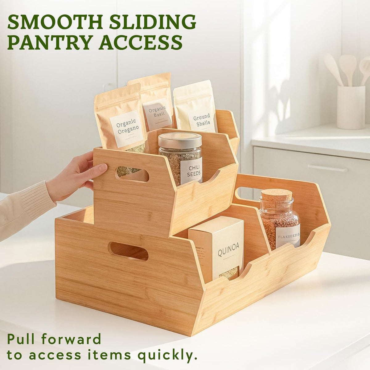 HOMESTEAD 3-Tier Bamboo Pantry Storage Bins – Stackable Potato & Onion Storage Bin with Handles, Fruit Basket & Produce Organizer for Kitchen Countertop, Pantry Organization, Set of 5