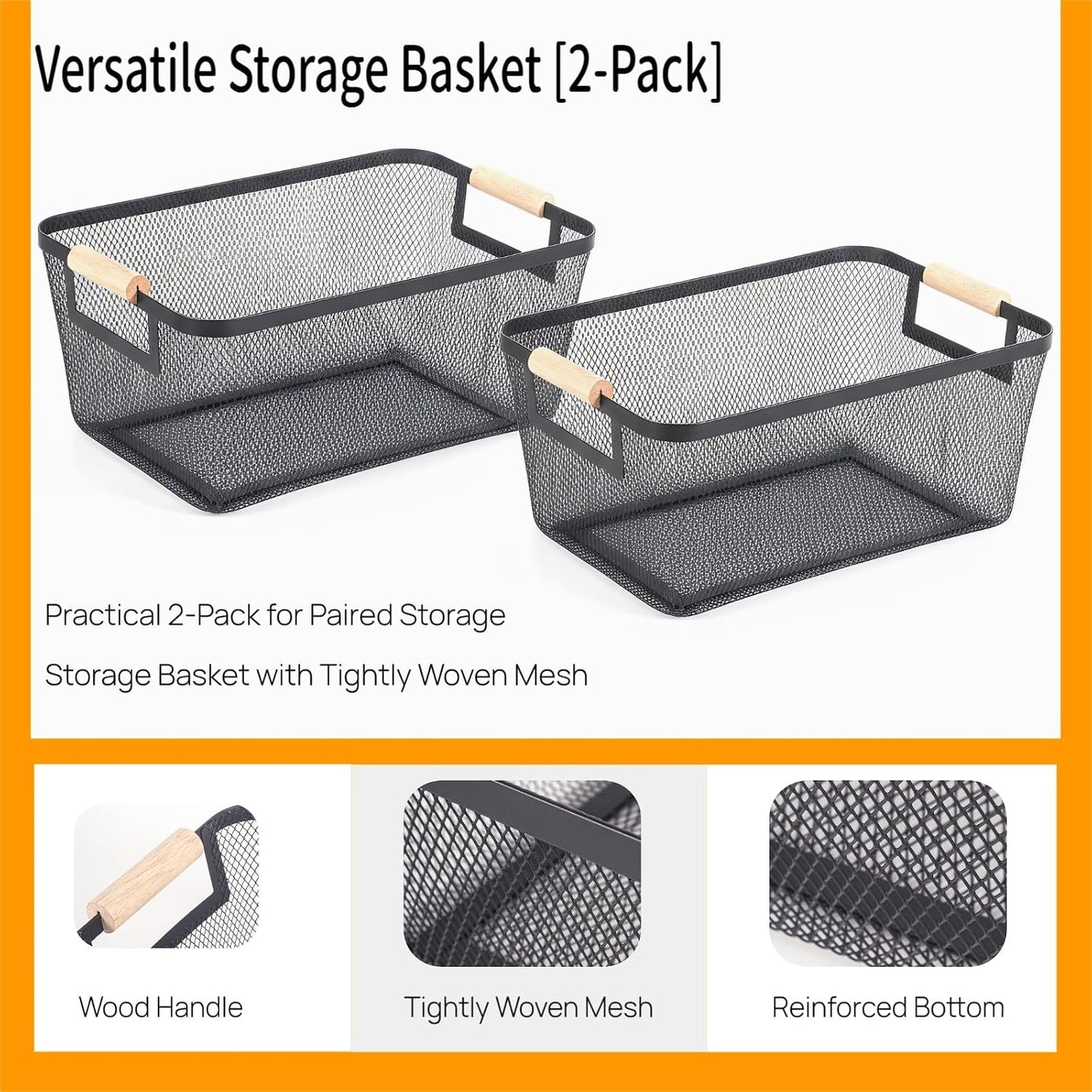 2-Pack Metal Mesh Basket, Large Wire Storage Organizer with Wood Handle for Kitchen Pantry, Bathroom, Cabinet, Closet, Picnic & Home Organization, Large, Black