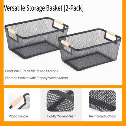 2-Pack Metal Mesh Basket, Large Wire Storage Organizer with Wood Handle for Kitchen Pantry, Bathroom, Cabinet, Closet, Picnic & Home Organization, Large, Black