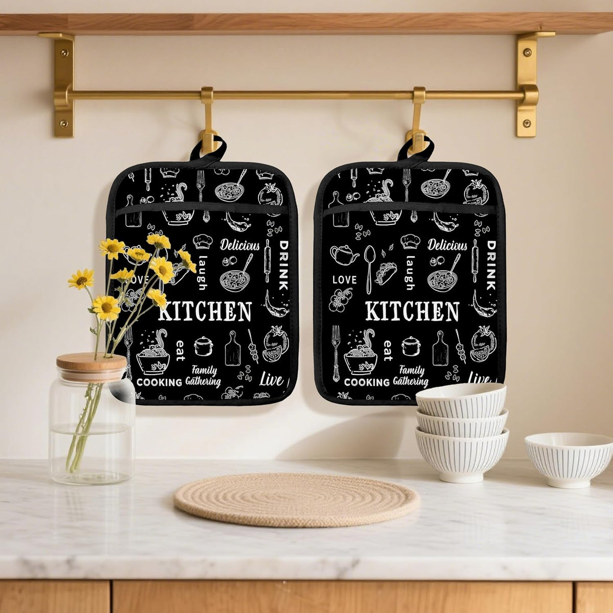 Dark Kitchen Pot Holders 2 Pack Set, Gifts for Cooking Lovers, Chef Gifts for Men Women, Retro Cook Chef Heat Resistant Oven Hot Pads for Kitchen Countertop Baking，075 Potholder