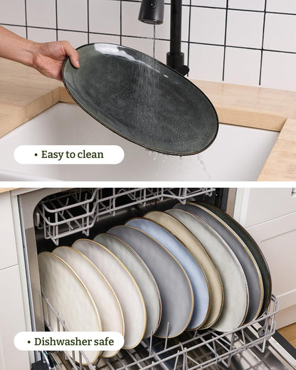 famiware Serving Platter, Oval 15.59/14.3/12.9inch Serving Dishes for Entertaining, Serving Bowls, Microwave Safe, Stoneware Serving Trays for Party, Food, Turkey, Cheese, Ocean Series, Vanilla White