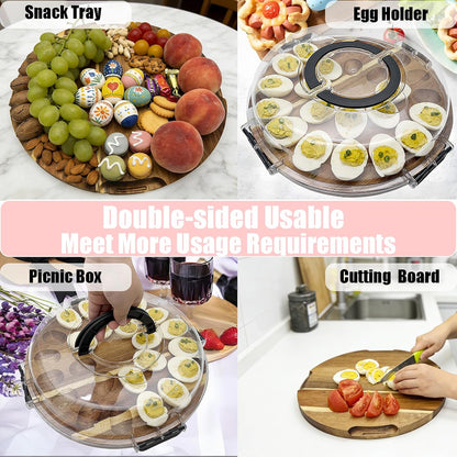 Deviled Egg Containers with Lid and Handle Portable Travel Acacia Wood Deviled Egg Platter 24 Holes Tray Holder Double-sided Use