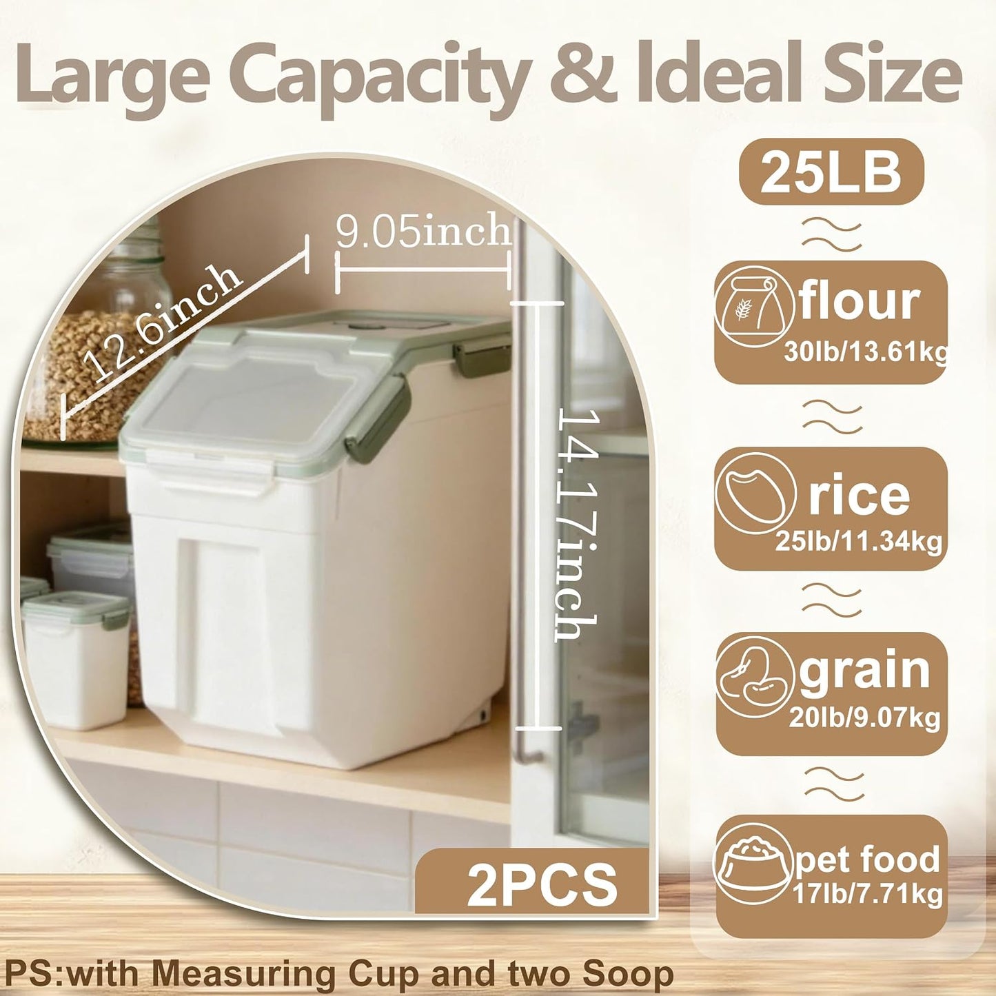RUIAN 2Pcs Large Flour Storage Container Bin 50Lb Airtight Rice Storage Containers with Wheels Seal Locking Lid, BPA Free with Measuring Cup&Scoop for Flour, Rice, Grain 100LBS Total (Blue)