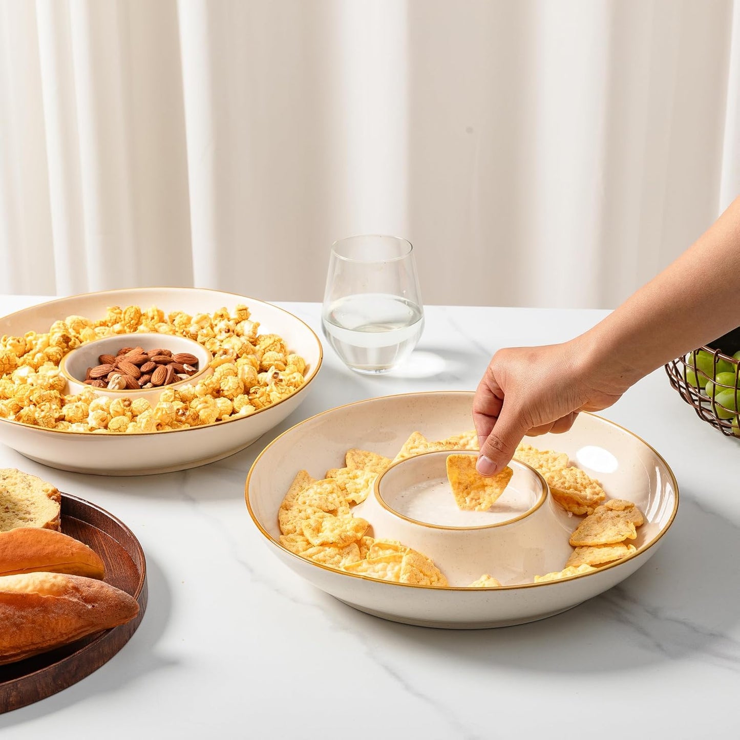 LEHAHA 12.25 inch porcelain Chip and Dip Serving Set, Ceramic Platters for Cheese, Appetizers &Chips Salsa, Fruit and Veggies, Divided Serving Trays for Family Gathering and Parties, Dark Creamy