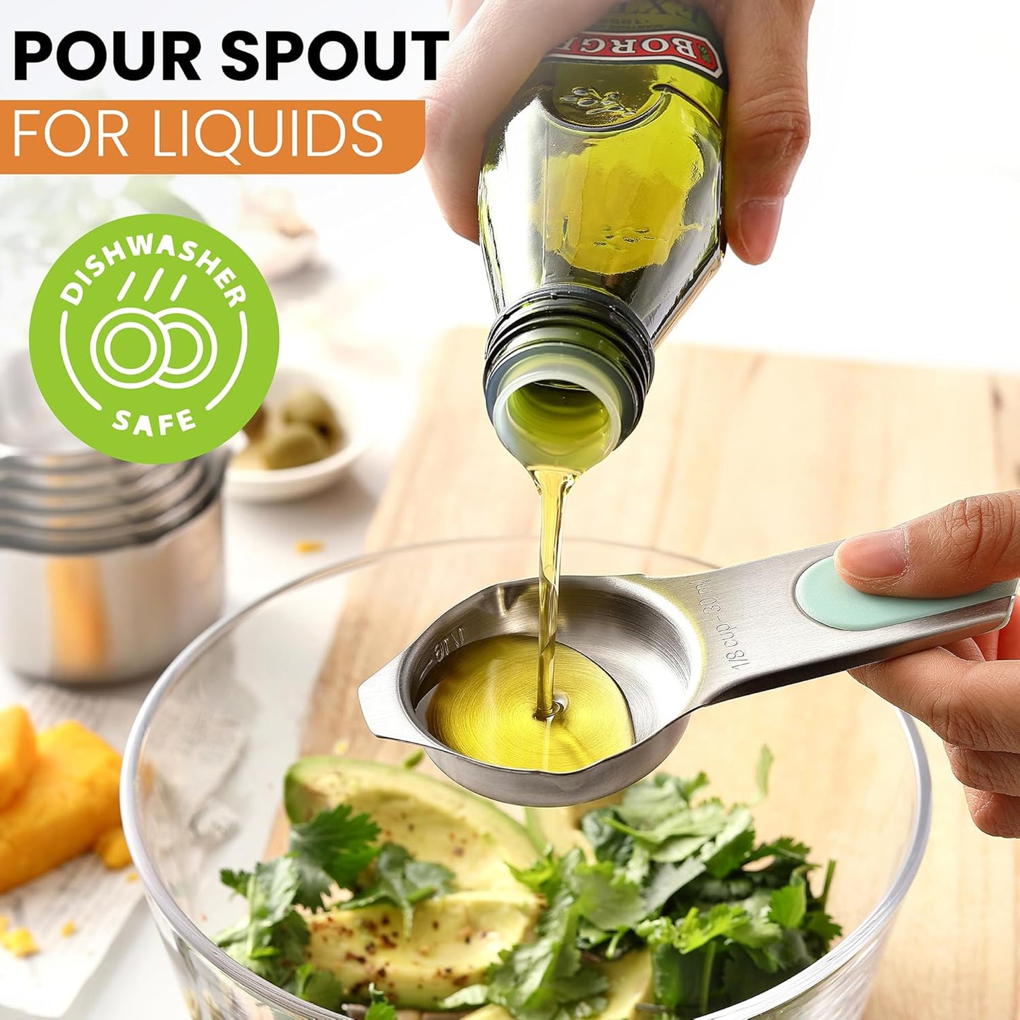 Spring Chef Stainless Steel Measuring Cups Set of 7 with Pour Spout - Nesting Kitchen Tools with Easy Read Markings to Measure Dry or Liquid Ingredients - Metal Measuring Cups for Baking & Cooking