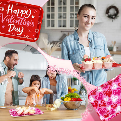 Rtteri 3 Pcs 13 x 10 Inch Valentine's Day Serving Trays Large Plastic Valentine Platters Reusable Serving Dishes Rectangle Pink Heart Candy Snack Food Tray for Valentines Day Wedding Party Table Decor
