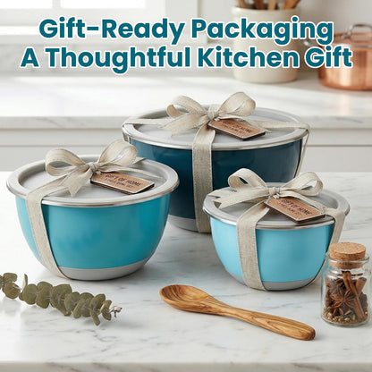 Rorence Mixing Bowls Set with Lids, 18/8 Stainless Steel Mixing Bowls with Non-Slip Silicone Base & Measurement Marks, Airtight Food Storage for Baking, Cooking & Meal Prep,1.5QT/3QT/5QT/Blue