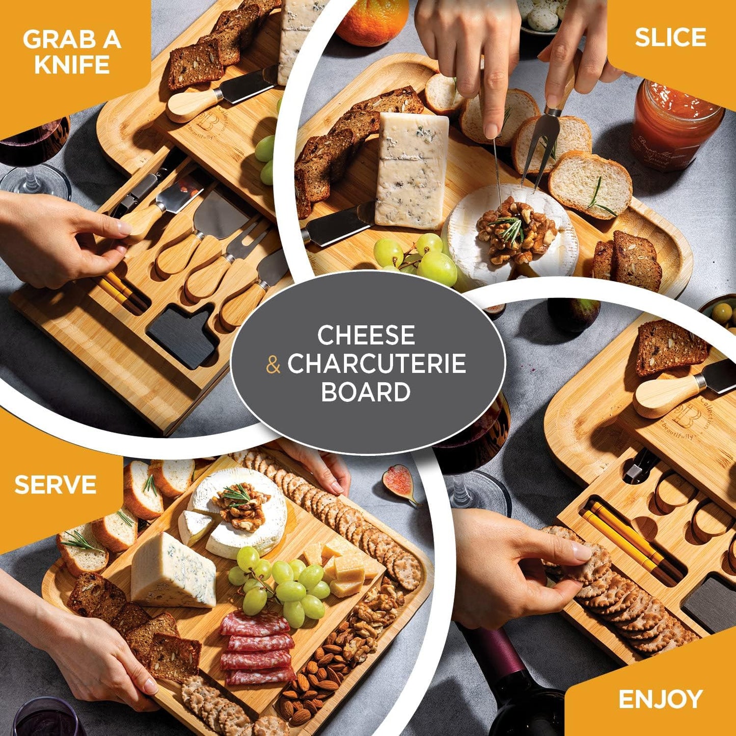Bambüsi Charcuterie Boards - Large Bamboo Charcuterie Board Set with Knives Serving Accessories, Cheese Tray - House Warming Gifts New Home, Wedding Gift, Bridal Shower Gifts, Birthday Gifts Women Men