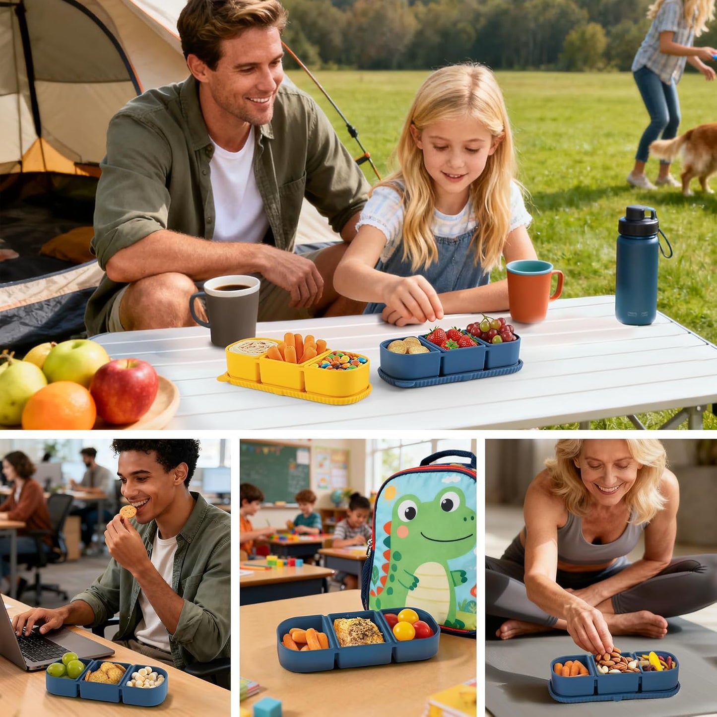 Silicone Reusable Snack Containers with Lids, 4 Pack 3 Compartment Bento Snack Boxes, Leakproof Food Storage Containers for Meal Prep, Lunch, Fruits, Kids & Adults, Dishwasher Safe