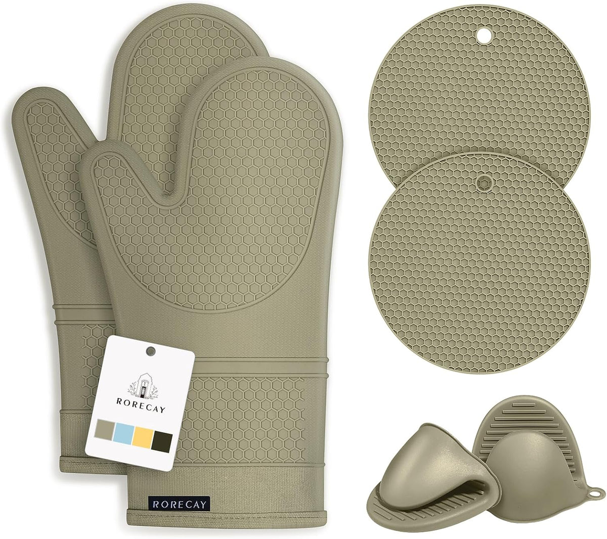 RORECAY Silicone Oven Mitts and Pot Holders Sets, Gloves for Kitchen, Beige