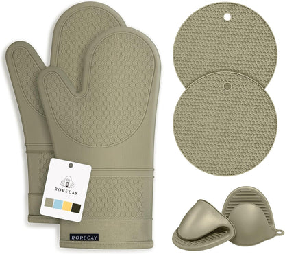 RORECAY Silicone Oven Mitts and Pot Holders Sets, Gloves for Kitchen, Beige