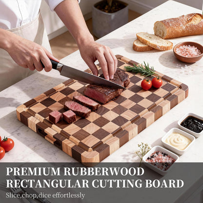 WILLKOMMEN Checkered Cutting Board Set, 3-Piece Wood Checkerboard End Grain Chopping Boards with Holder & Juice Groove Wooden Kitchen Cutting Board for Cooking and Serving (S, M, L)