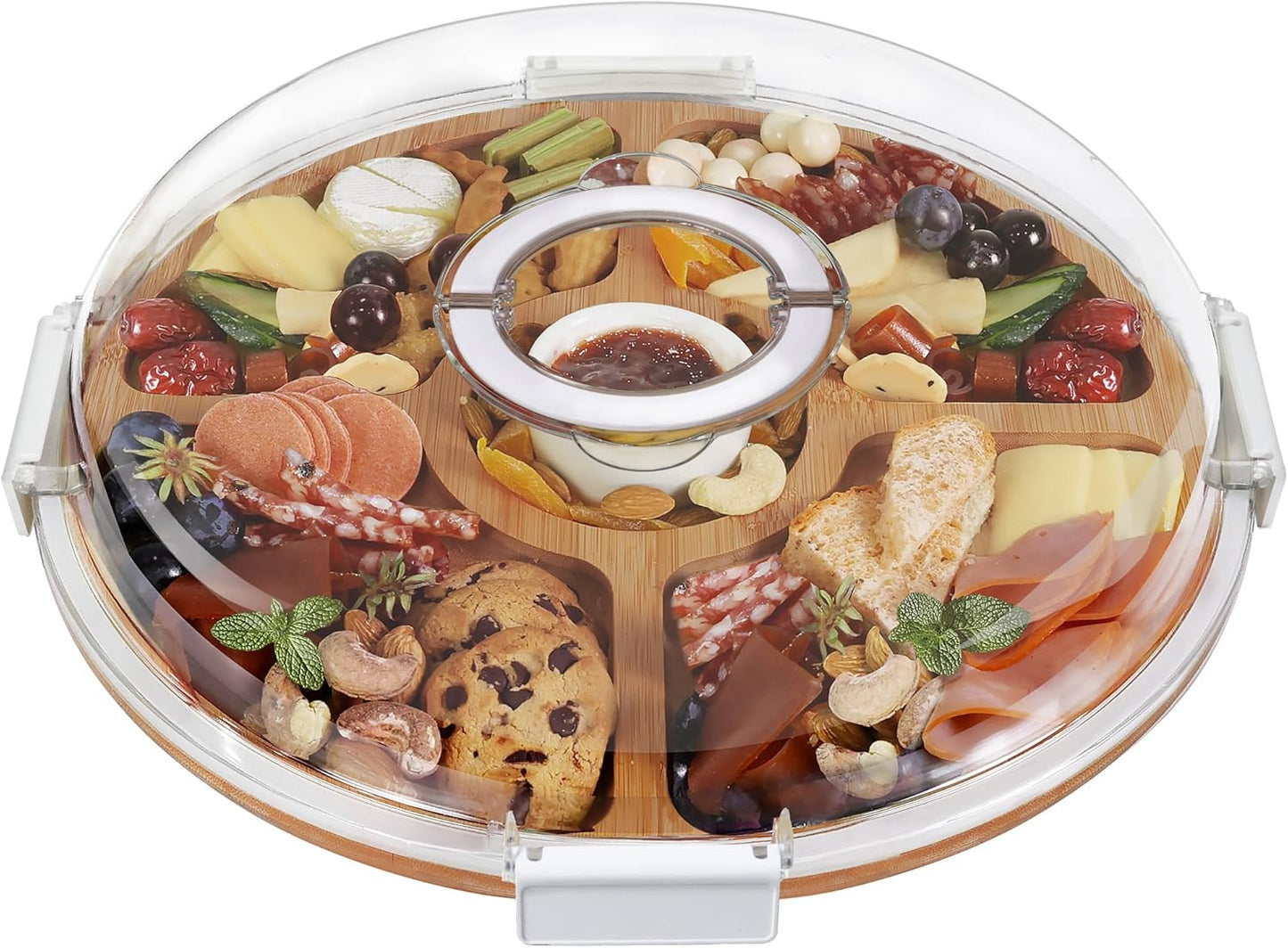 Renmxj Charcuterie Board with Clear Lid, Picnic Portable Cheese Board Charcuterie Boxes, Meat Fruit Serving Tray Platter, House Warming Gifts New Home, Gifts for Women (White, 5 Compartments)
