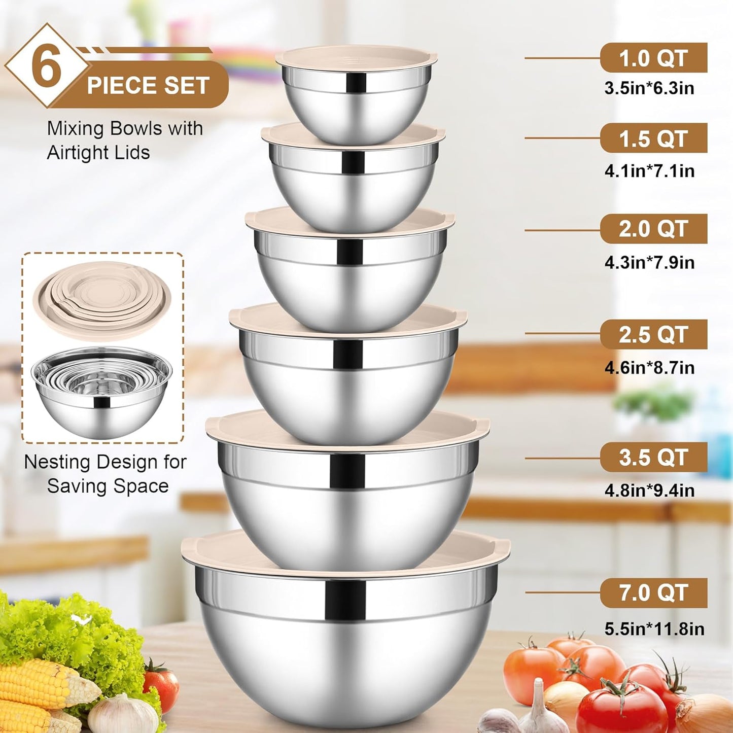LIANYU Stainless Steel Mixing Bowls Sets of 6, Large 7, 3.5, 2.5, 2, 1.5, 1QT Size with Transparent Airtight Lids, Metal Nesting Serving Bowl Sets for Home Kitchen, Dishwasher & Freezer Safe, Black