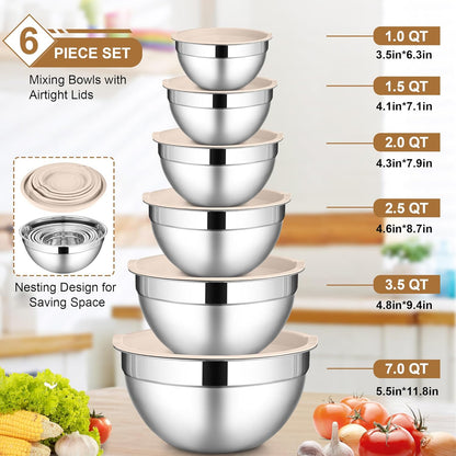 LIANYU Stainless Steel Mixing Bowls Sets of 6, Large 7, 3.5, 2.5, 2, 1.5, 1QT Size with Transparent Airtight Lids, Metal Nesting Serving Bowl Sets for Home Kitchen, Dishwasher & Freezer Safe, Black