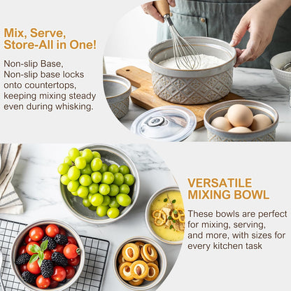 Airtight Food Storage Containers with Lids Mixing Bowls Set, Ceramic Serving Bowls with Lids Set of 4, 12/16/28/40 oz Stackable Nesting Salad Bowls for Cooking, Baking, Ramen - Beige