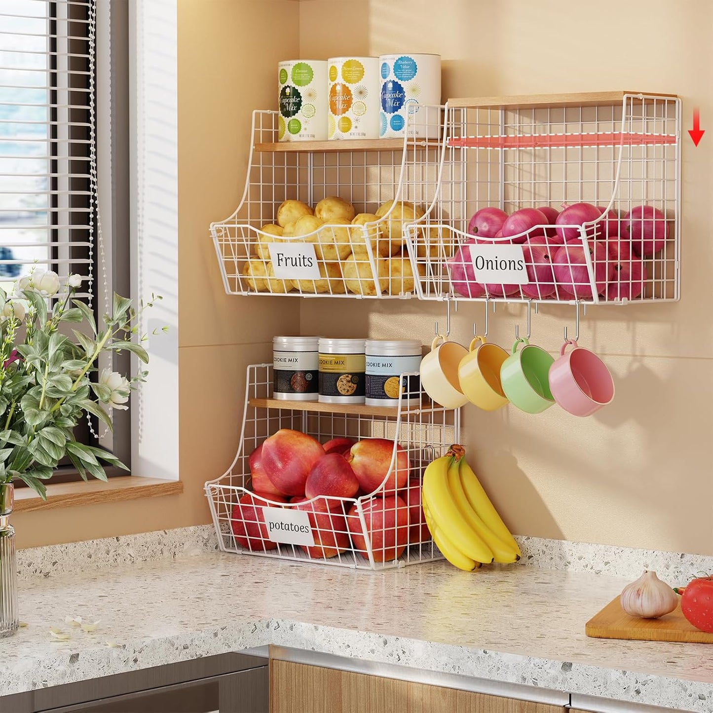 3 Pack Extra Large Fruit Basket for Kitchen with Wood Lid Nameplate - Counter&Wall Mounted Onion and Potato Storage Bin, Stackable Metal Hanging Wire Baskets,15.74 * 8.66 * 10.63 inch