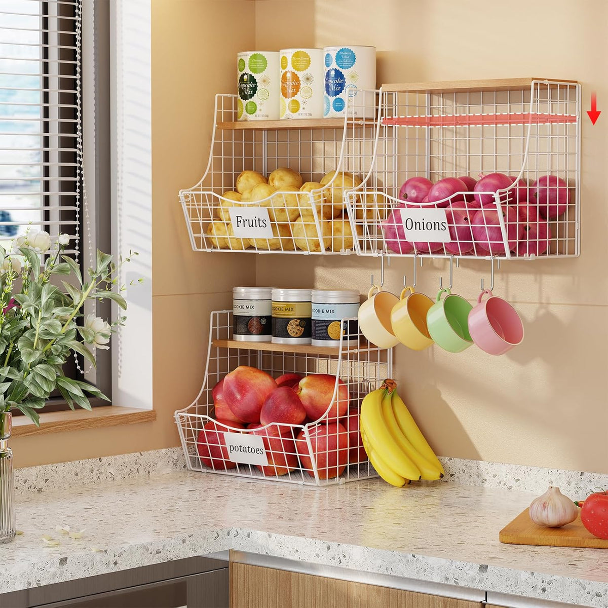 3 Pack Extra Large Fruit Basket for Kitchen with Wood Lid Nameplate - Counter&Wall Mounted Onion and Potato Storage Bin, Stackable Metal Hanging Wire Baskets,15.74 * 8.66 * 10.63 inch