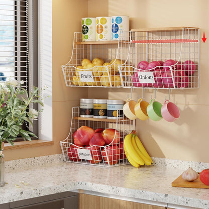 3 Pack Extra Large Fruit Basket for Kitchen with Wood Lid Nameplate - Counter&Wall Mounted Onion and Potato Storage Bin, Stackable Metal Hanging Wire Baskets,15.74 * 8.66 * 10.63 inch