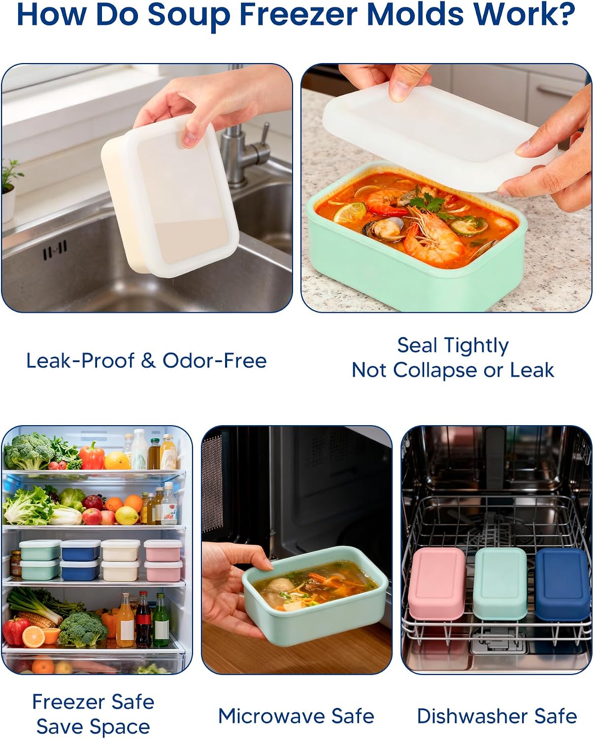 4 PCS 3.5 Cup Silicone Freezer Trays with Lid, Durable Silicone Soup Freezer Molds for Meal Prep and Food Storage, Reusable Freezer Containers for Soups Sauces Stews Curries (Lake Blue)