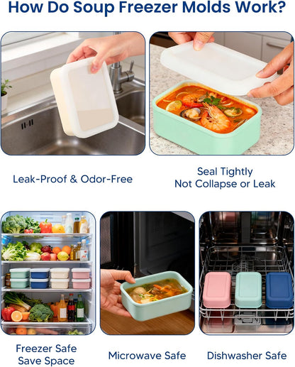4 PCS 3.5 Cup Silicone Freezer Trays with Lid, Durable Silicone Soup Freezer Molds for Meal Prep and Food Storage, Reusable Freezer Containers for Soups Sauces Stews Curries (Lake Blue)
