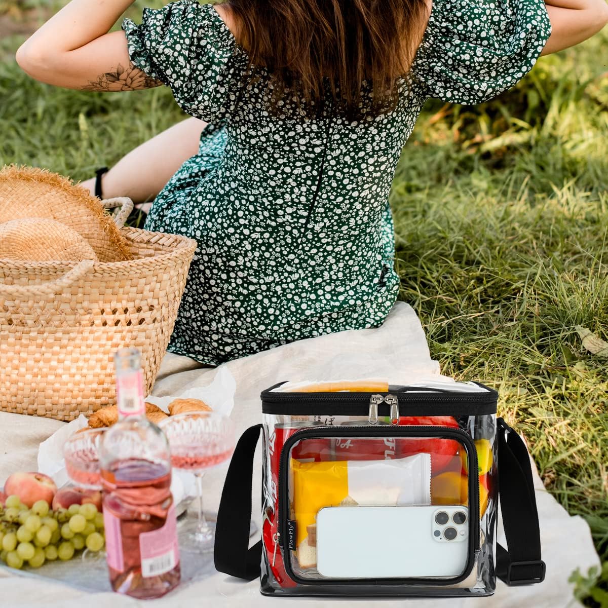FlowFly Insulated Reusable Lunch Bag Adult Large Lunch Box for Women and Men with Adjustable Shoulder Strap,Front Zipper Pocket and Dual Large Mesh Side Pockets,Cherry - Colors B